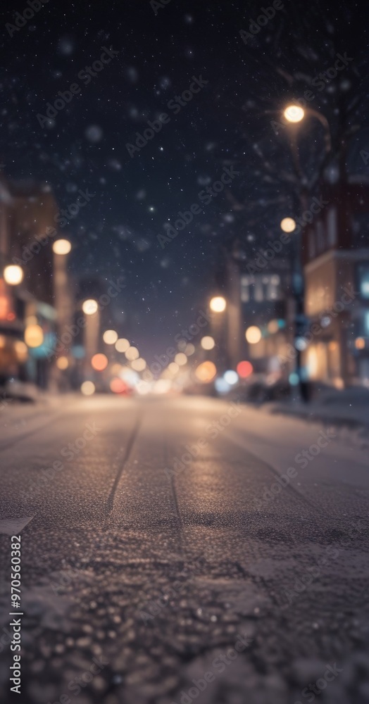 A snowy night scene with a blurred city street, street lamps, and falling snowflakes. A snowy night scene with a blurred city street, street lamps, and falling snowflakes.