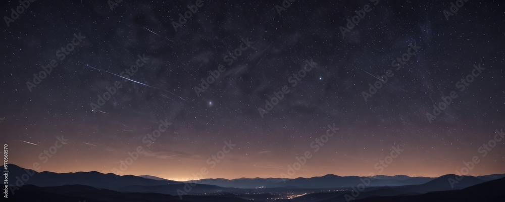 Fototapeta premium A night sky filled with stars and a shooting star streaking across it, with a silhouetted mountain range in the foreground and a city in the distance.