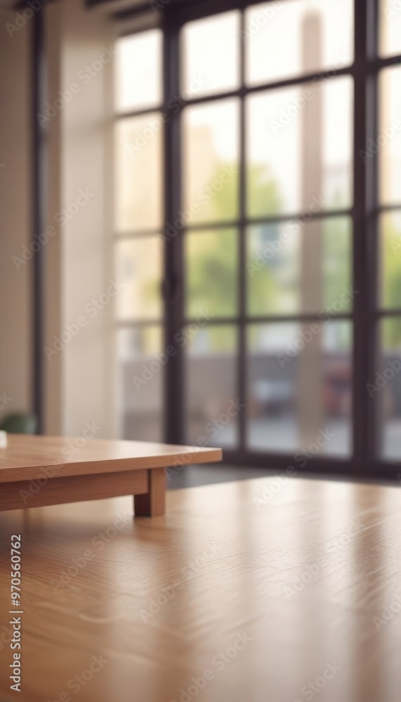 Fototapeta premium A wooden table with a slatted top sits in the foreground, its surface reflecting the soft light filtering through a large window behind it. The window, with its panes of