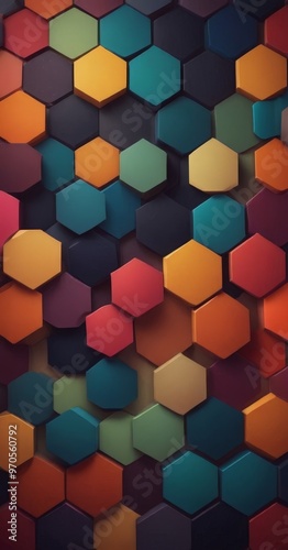a vibrant array of hexagonal shapes in various colors, including red, orange, yellow, green, blue, and purple, arranged in a visually striking pattern.