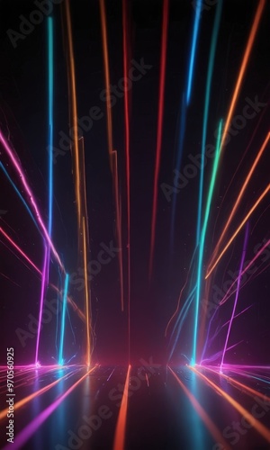 a vibrant display of multicolored lights, creating a dynamic and visually striking scene. The lights are arranged in a diagonal pattern, with some appearing to be in