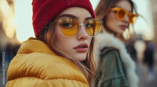 Close-Up of Trendy Women in Red Beanie and Yellow Sunglasses in Urban Setting photo