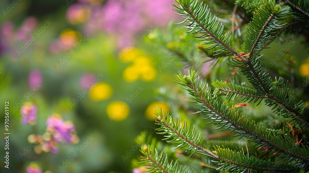 Green and Bloom: A close-up shot of thin green spruce needles with a background filled with blooming flowers of different hues, creating a harmonious natural scene. Green and Bloom: A close-up shot of thin green spruce needles with a background filled with blooming flowers of different hues, creating a harmonious natural scene.