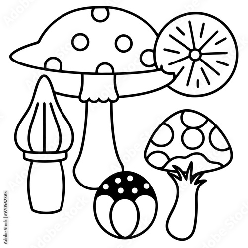 mushroom items outline coloring book page line art drawing photo