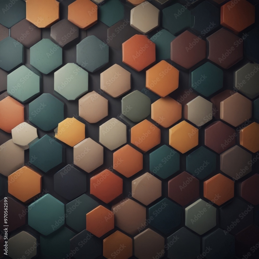 a pattern of overlapping hexagonal tiles in various shades of orange, green, and brown, arranged in a grid-like pattern against a dark background.