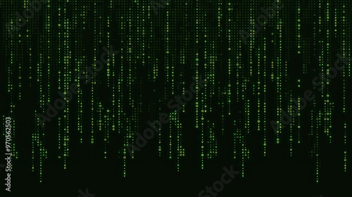 A digital green matrix pattern resembling falling data or code.