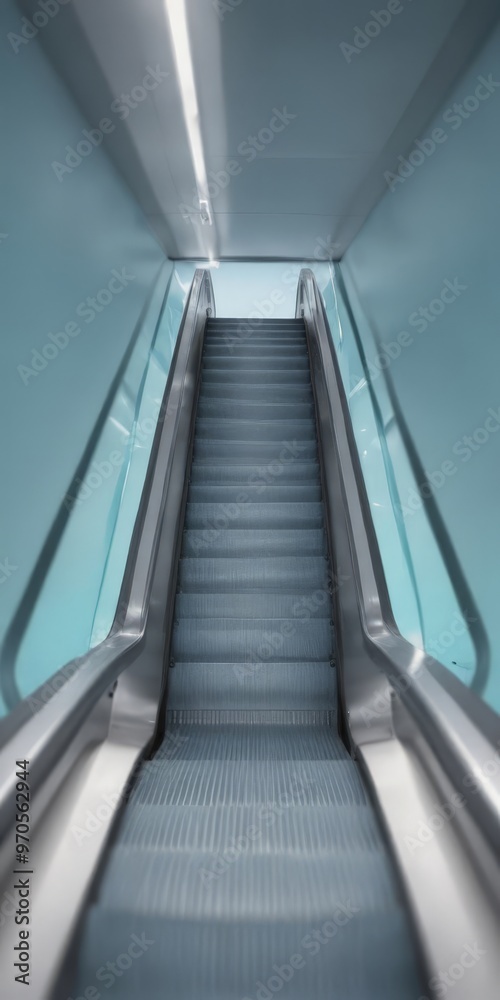 A modern escalator with a blue carpeted surface ascends into a bright, open space. A modern escalator with a blue carpeted surface ascends into a bright, open space.