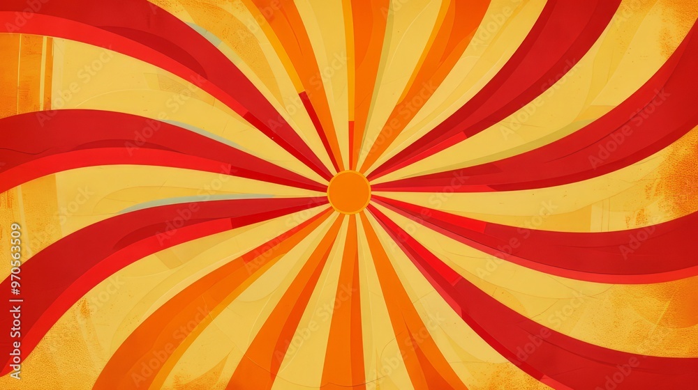 Obraz premium A vibrant abstract design featuring swirling red and yellow stripes radiating from a central point, evoking energy and movement.