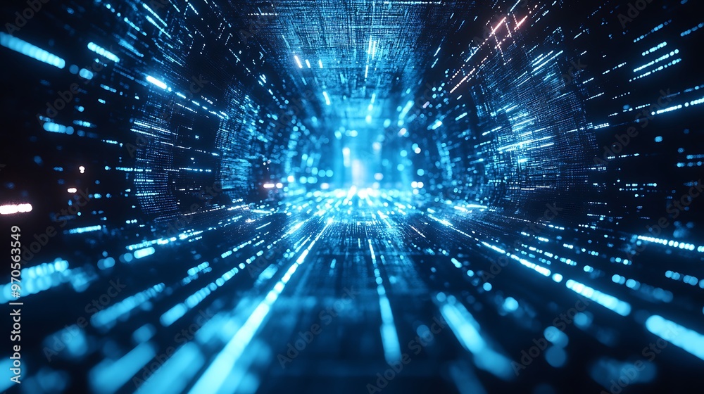 Abstract Digital Tunnel with Blue Glowing Lines and Bokeh Effects Abstract Digital Tunnel with Blue Glowing Lines and Bokeh Effects