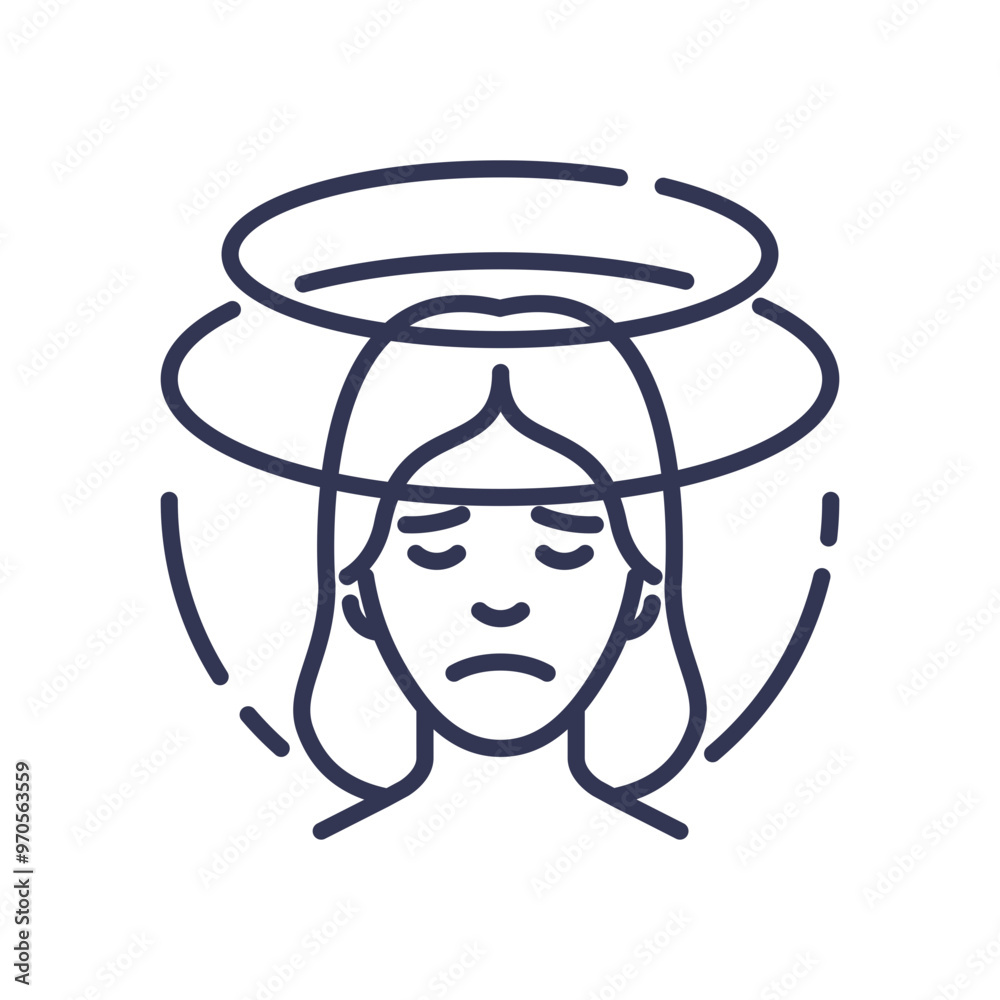 Fototapeta premium Illustration of a person with a sad expression and swirling lines around the head, symbolizing dizziness.
