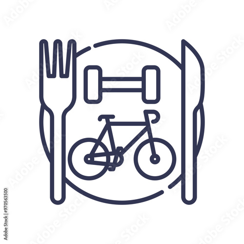 Illustration of a plate with a fork, knife, dumbbell, and bicycle, symbolizing the balance of diet and exercise.