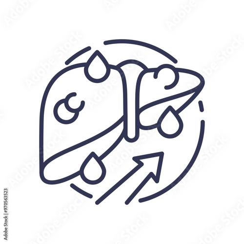 Illustration of liver with fat droplets and upward arrow, symbolizing fat accumulation and liver health issues.