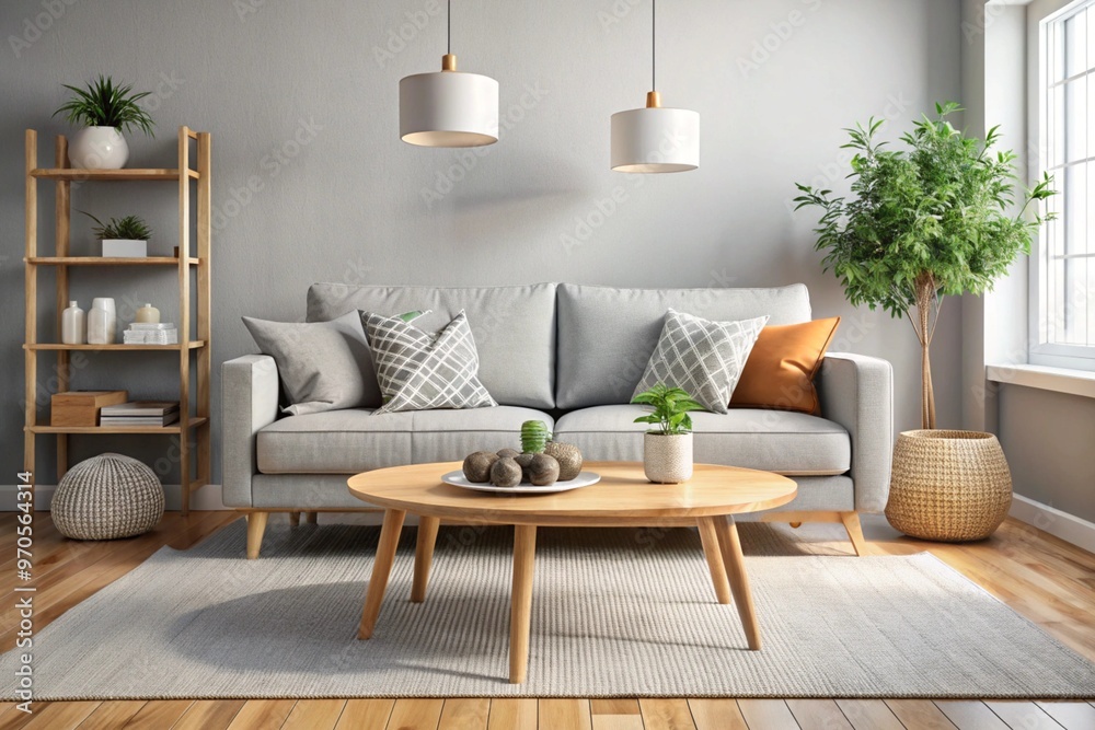 Fototapeta premium Cozy loveseat sofa near round accent coffee table. Scandinavian home interior design of modern living room in farmhouse