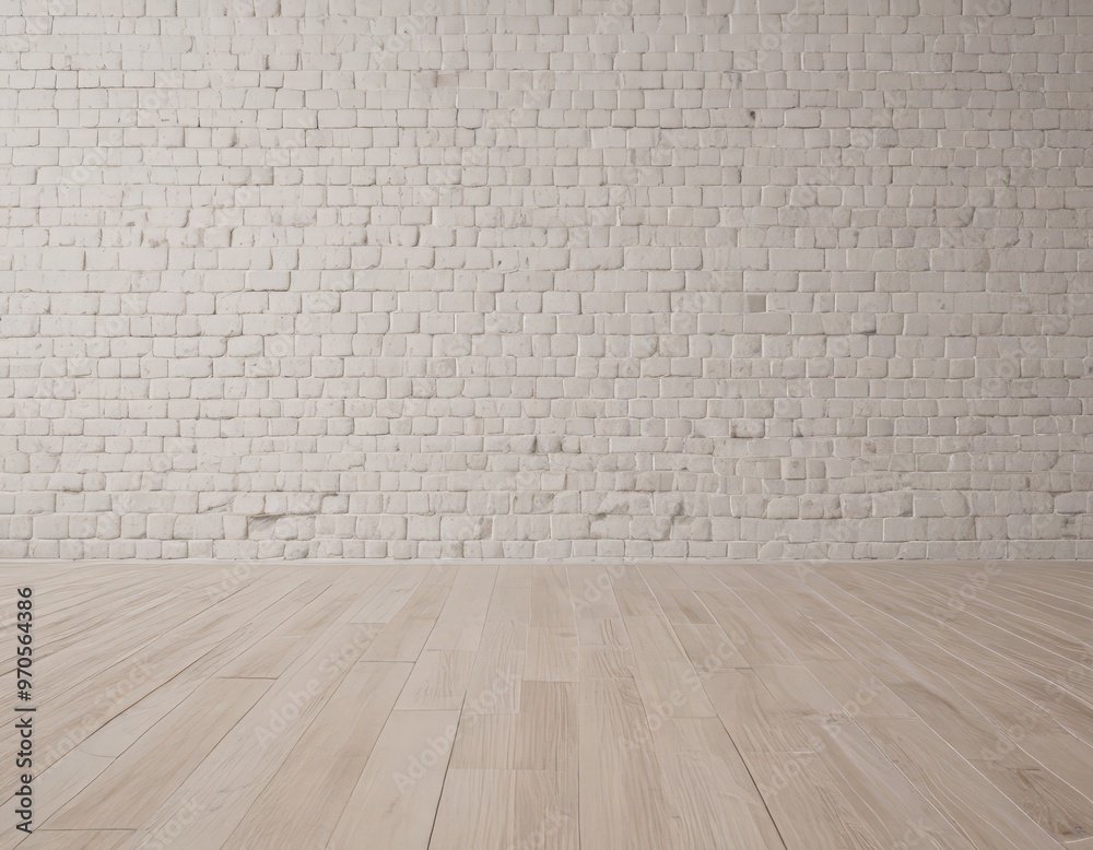 Fototapeta premium A white brick wall with a wooden floor in the foreground.