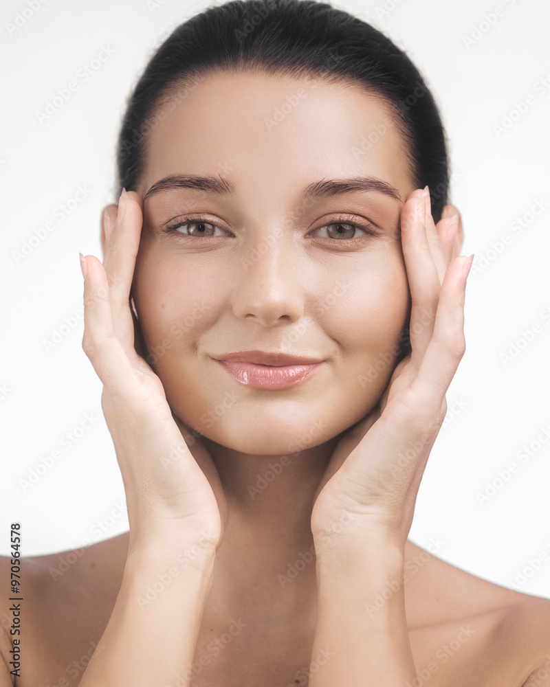 Beautiful Woman Practicing Skincare Routine with Hands on Face Beautiful Woman Practicing Skincare Routine with Hands on Face