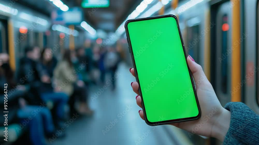 Woman is holding a smartphone with green or chroma key screen in blurred subway train station blurred background, perfect for showcasing apps and mobile technology, travel and navigation concept