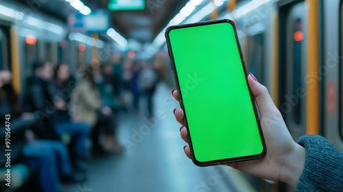 Woman is holding a smartphone with green or chroma key screen in blurred subway train station blurred background, perfect for showcasing apps and mobile technology, travel and navigation concept