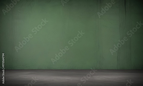 A dark green wall with a textured surface and a concrete floor in the foreground.