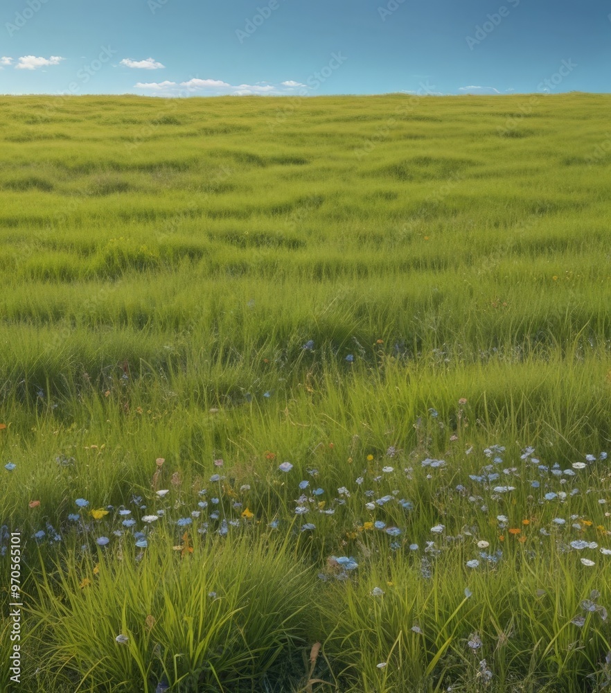 Obraz premium A vast expanse of lush green grass stretches out, with a scattering of colorful wildflowers in the foreground.