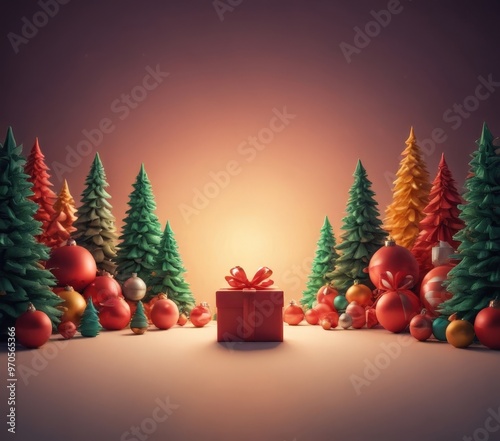 A 3D of a Christmas scene with a red gift box, surrounded by a variety of colorful ornaments and trees.