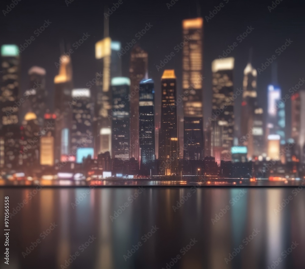 Fototapeta premium A nighttime cityscape with a reflection of the city skyline in a body of water, creating a visually striking and dynamic scene.