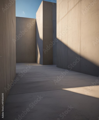 A minimalist architectural scene featuring a series of concrete cubes arranged in a linear fashion, with a clear blue sky visible in the top left corner.