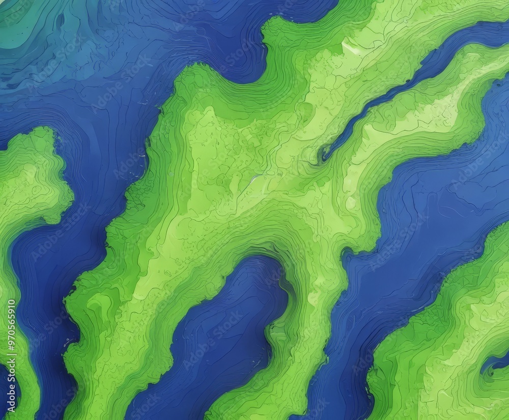 The image presents a vibrant abstract representation of underwater terrain, with a striking contrast between the green and blue hues. The green areas, which appear to be The image presents a vibrant abstract representation of underwater terrain, with a striking contrast between the green and blue hues. The green areas, which appear to be