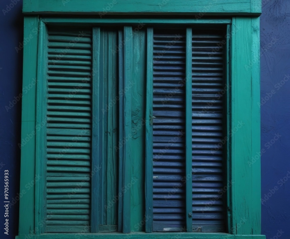 A close-up view of a green wooden shutter with vertical slats, set against a blue wall. A close-up view of a green wooden shutter with vertical slats, set against a blue wall.