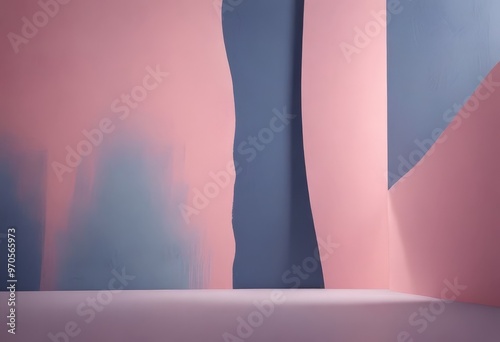 a minimalist interior space with a pink and blue color scheme. The walls are painted in a light pink color, while the floor is a darker shade of pink. The room features a