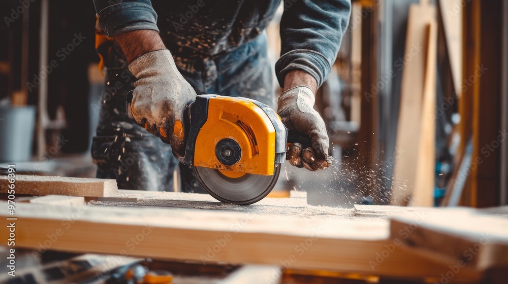Close-up of a Worker Using a Circular Saw to Cut Wood Close-up of a Worker Using a Circular Saw to Cut Wood