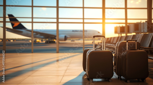 Suitcases sit in an airport waiting area. An airplane is in the background. The big windows show the bright summer sky outside.