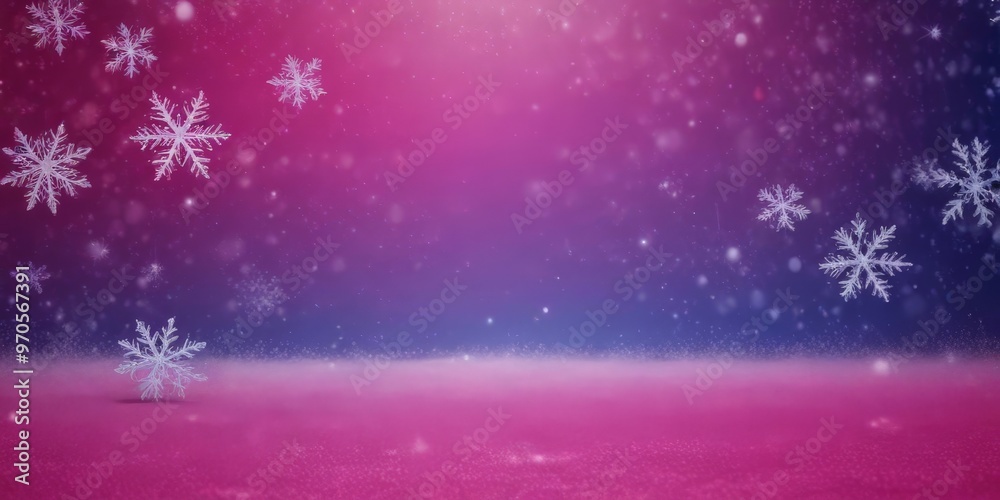 Fototapeta premium a serene winter scene with a gradient background transitioning from deep purple to lighter pink, dotted with white snowflakes. The snowflakes are scattered randomly across
