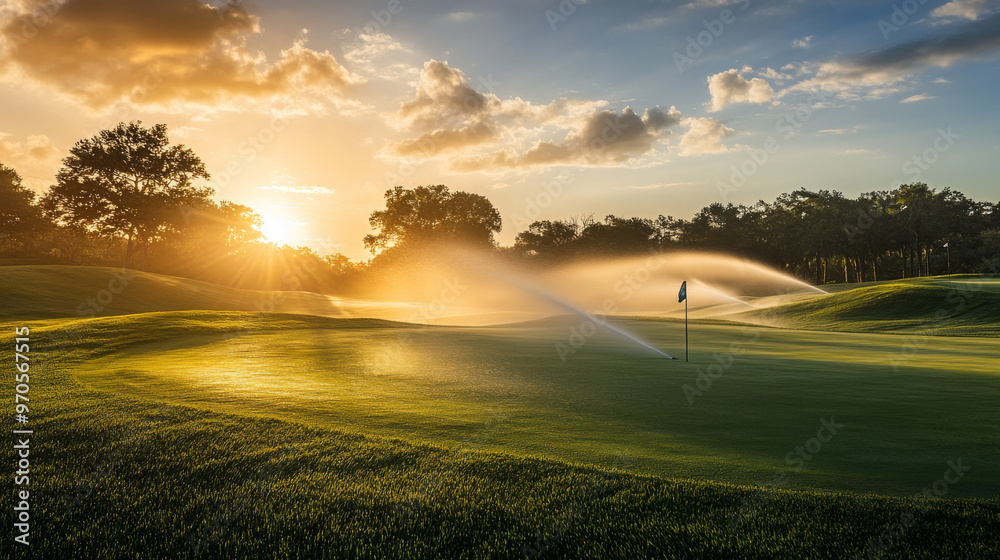 The golf course is being taken care of. Sprinklers are watering the grass. The course looks beautiful at sunset. The golf course is being taken care of. Sprinklers are watering the grass. The course looks beautiful at sunset.