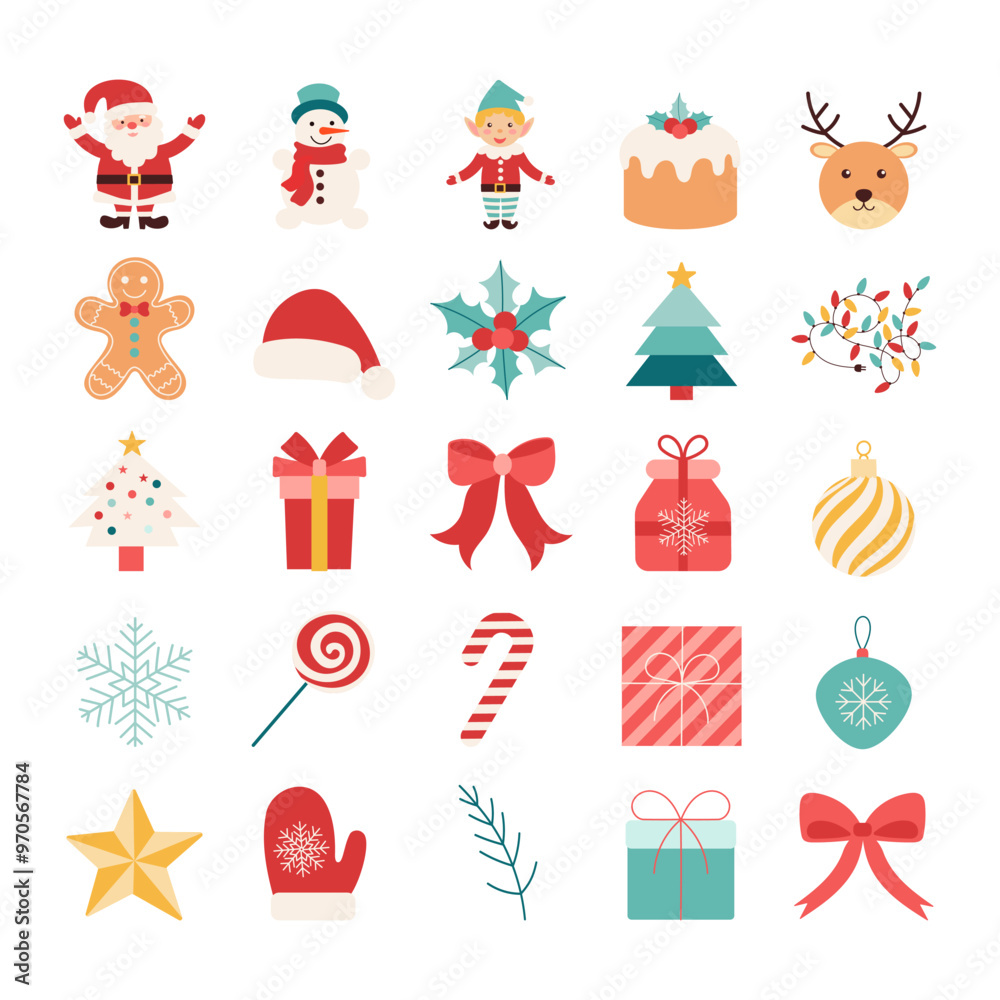 A collection of Christmas icons including a snowman, elf, gingerbread man, candy cane, and a tree A collection of Christmas icons including a snowman, elf, gingerbread man, candy cane, and a tree