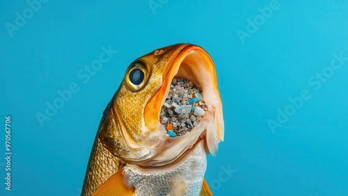 A fish dissected, revealing microplastic fragments in its stomach, Microplastics, marine life, pollution effect