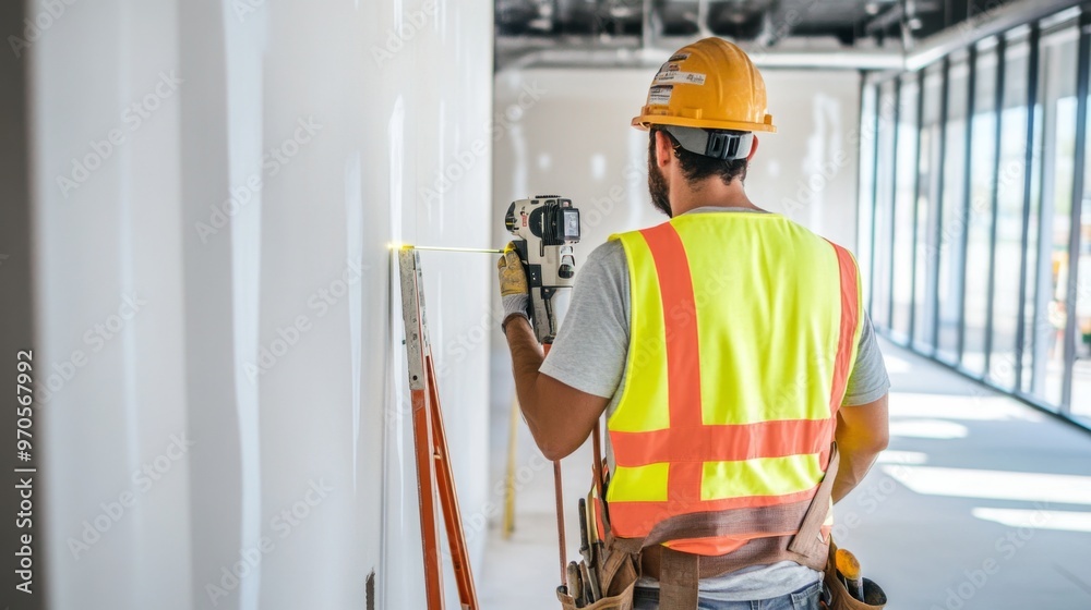 Construction Worker Using Laser Level on White Wall Construction Worker Using Laser Level on White Wall