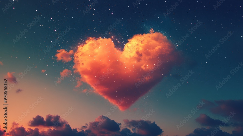 Illustrate a heart-shaped cloud appearing in the twilight sky, surrounded by stars beginning to twinkle. Illustrate a heart-shaped cloud appearing in the twilight sky, surrounded by stars beginning to twinkle.