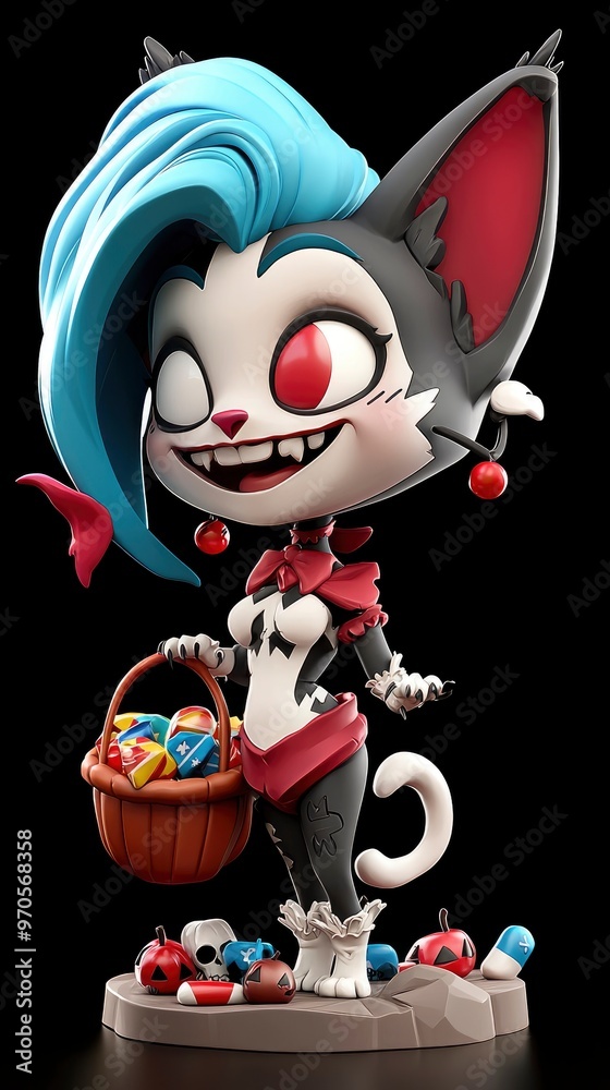 Cute Cartoon Cat Figurine Holding Basket of Candy Cute Cartoon Cat Figurine Holding Basket of Candy