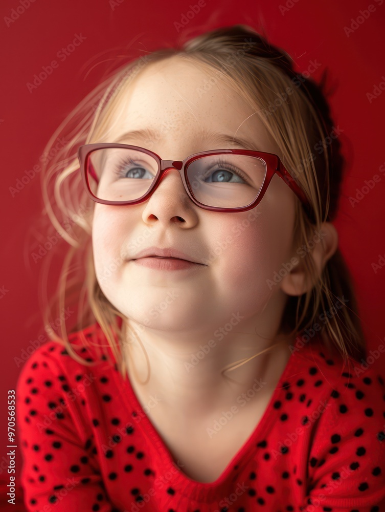 A young girl with glasses smiles softly, gazing upward against a red background, capturing a moment of innocence and curiosity. A young girl with glasses smiles softly, gazing upward against a red background, capturing a moment of innocence and curiosity.