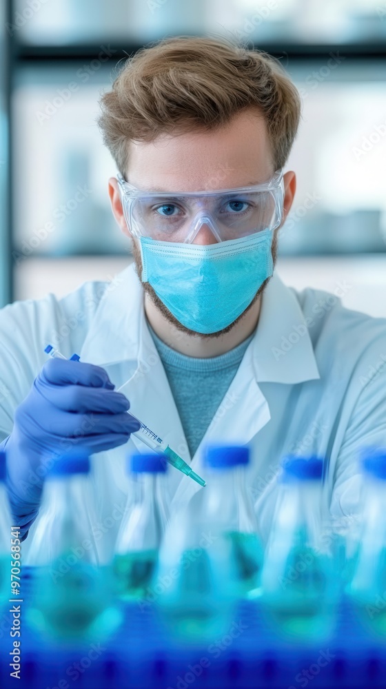 Scientist examining microplastics in a lab using advanced equipment, Microplastics, research, environmental science Scientist examining microplastics in a lab using advanced equipment, Microplastics, research, environmental science