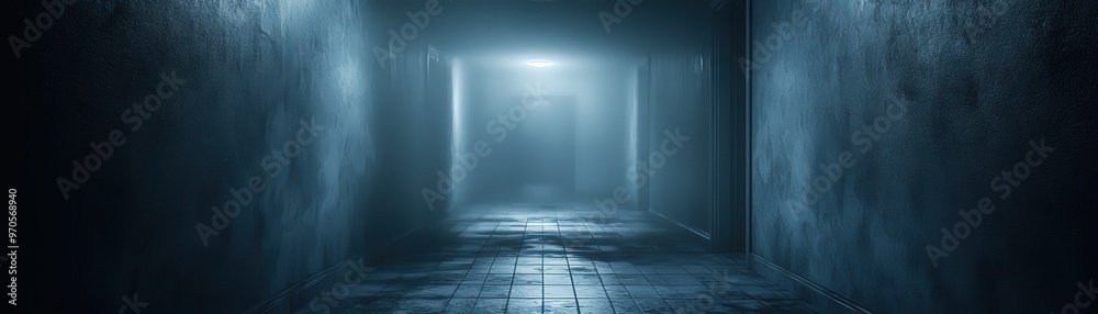 Dark abandoned hallway cloaked in dense fog with a faint, eerie light glowing from a distant doorway, shadows creeping along the cracked walls. Dark abandoned hallway cloaked in dense fog with a faint, eerie light glowing from a distant doorway, shadows creeping along the cracked walls.