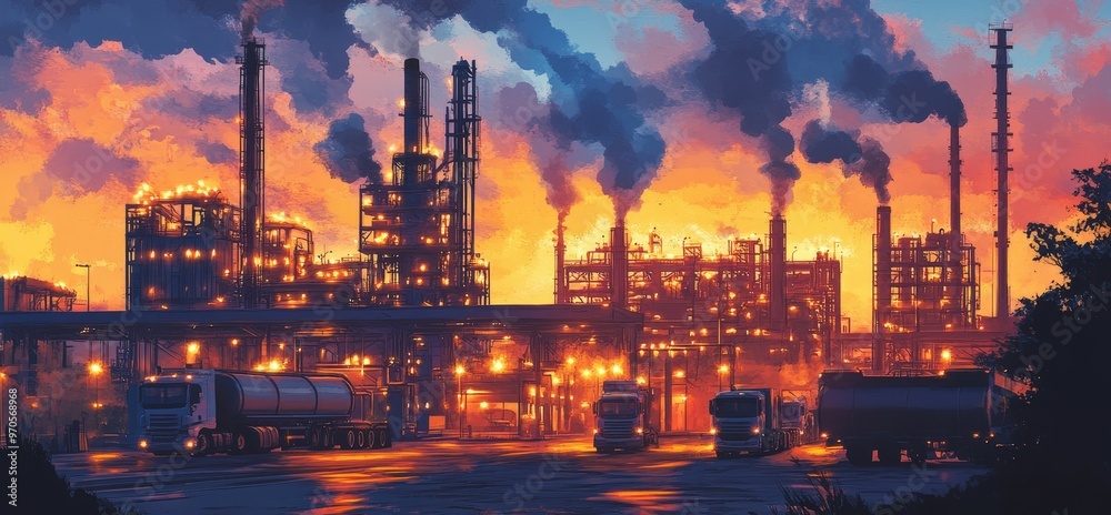 busy industrial plant at dusk with illuminated factory lights and a dramatic sky busy industrial plant at dusk with illuminated factory lights and a dramatic sky