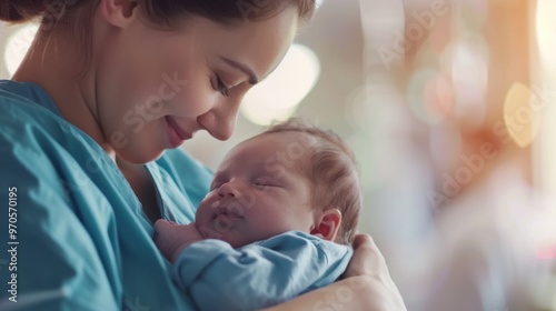 Nurse cradling a newborn baby, displaying genuine emotions of nurture and care for infant. New beginnings moment captured in a modern hospital setting