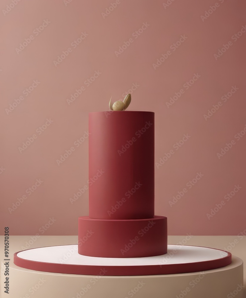 A red cylindrical object with a small golden object on top, placed on a white pedestal against a pink background. A red cylindrical object with a small golden object on top, placed on a white pedestal against a pink background.
