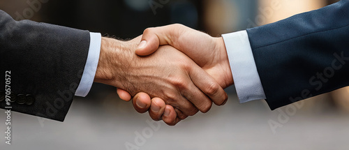 Closeup of two businesspeople shaking hands with documents being exchanged in the background, business trust, sealed deal