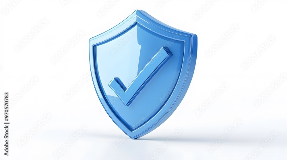 cartoon 3d Icon safety shield check mark perspective . Blue symbol security safety icon. Checkmark in minimalistic style. 3d vector illustration. white background
