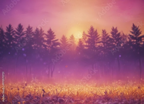 A serene forest landscape at sunset, with a warm glow illuminating the silhouetted trees and a field of tall grass in the foreground.