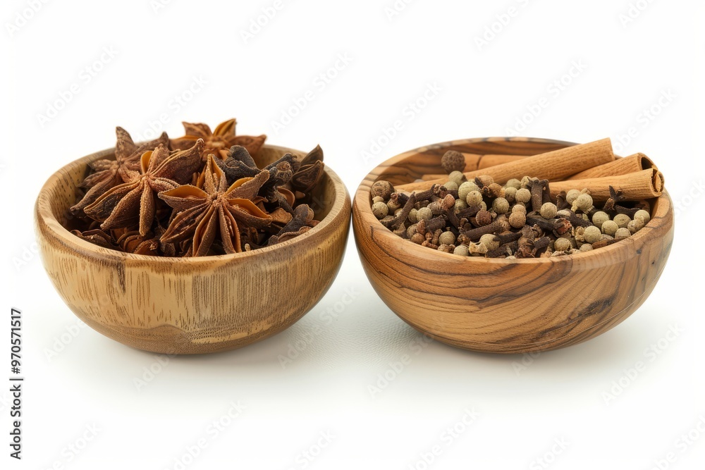 A fresh Chinese five spice and Chinese five spice Power isolated on white A fresh Chinese five spice and Chinese five spice Power isolated on white