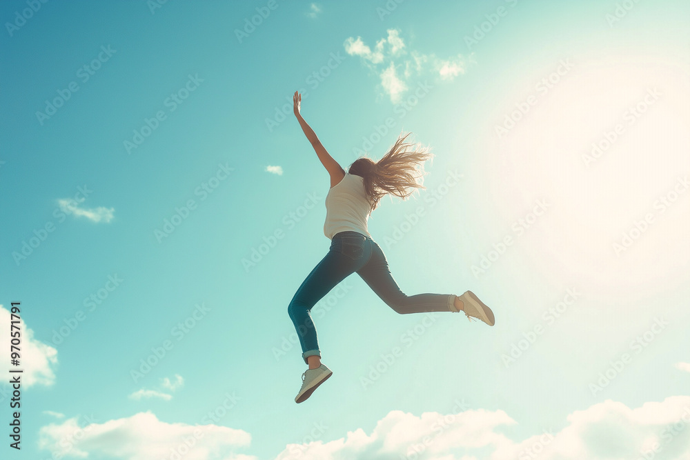 Cheerful business woman jumping energetically on sky . Cheerful business woman jumping energetically on sky .