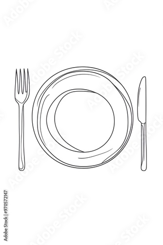 One continuous one line hand drawn plate, knife and fork Simple sketch design isolated on white background. outline Vector illustration